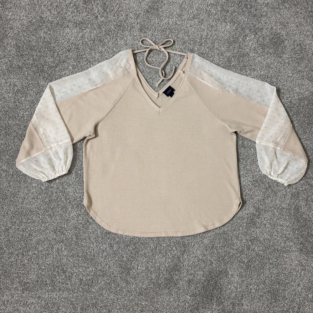 Daytrip Shirt Womens Large V-Neck Waffle Knit Sheer Balloon Sleeve Comfy Girly